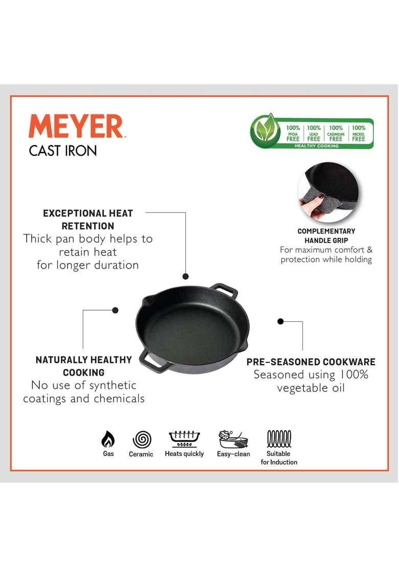 Meyer Pre-Seasoned Cast Iron Tawa Flat Griddle Cookware Set | 26 cm | 10.2 Inch | 2-Piece Set - Indya
