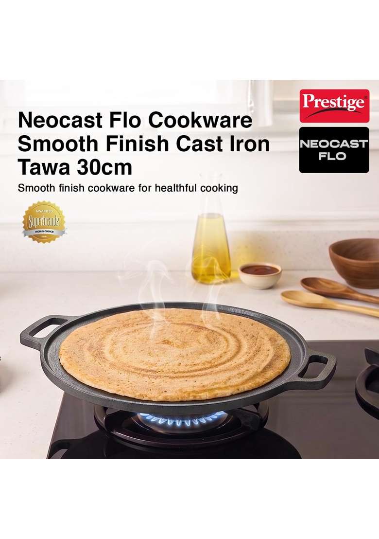 Prestige Neocast Flo Smooth Finish Cast Iron Dosa Tawa Dosa Pan Black | 30 cm | 11.8 Inch | Induction Compatible - Indya