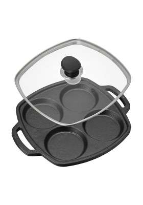 Lifelong Cast Iron Multi Snack Pan with Glass Lid | 3 cm | 1.2 Inch | Non-Toxic | Pre-Seasoned | Non-Stick