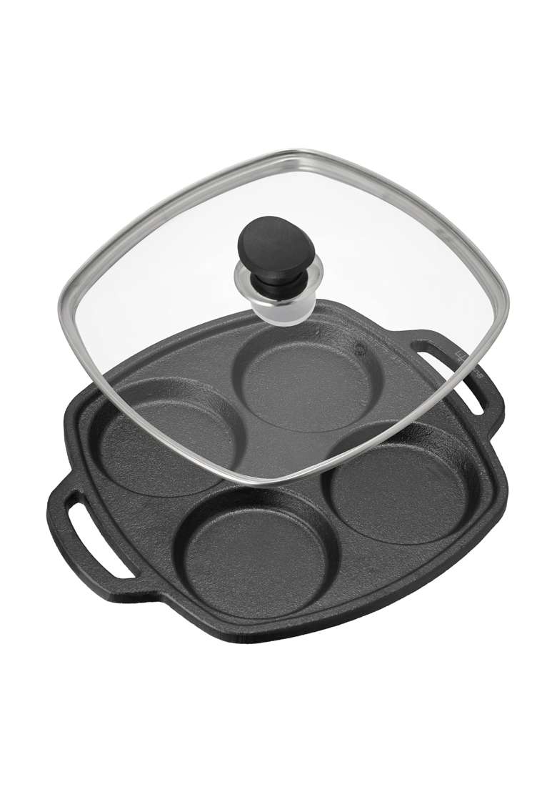 Lifelong Cast Iron Multi Snack Pan with Glass Lid | 3 cm | 1.2 Inch | Non-Toxic | Pre-Seasoned | Non-Stick - Indya