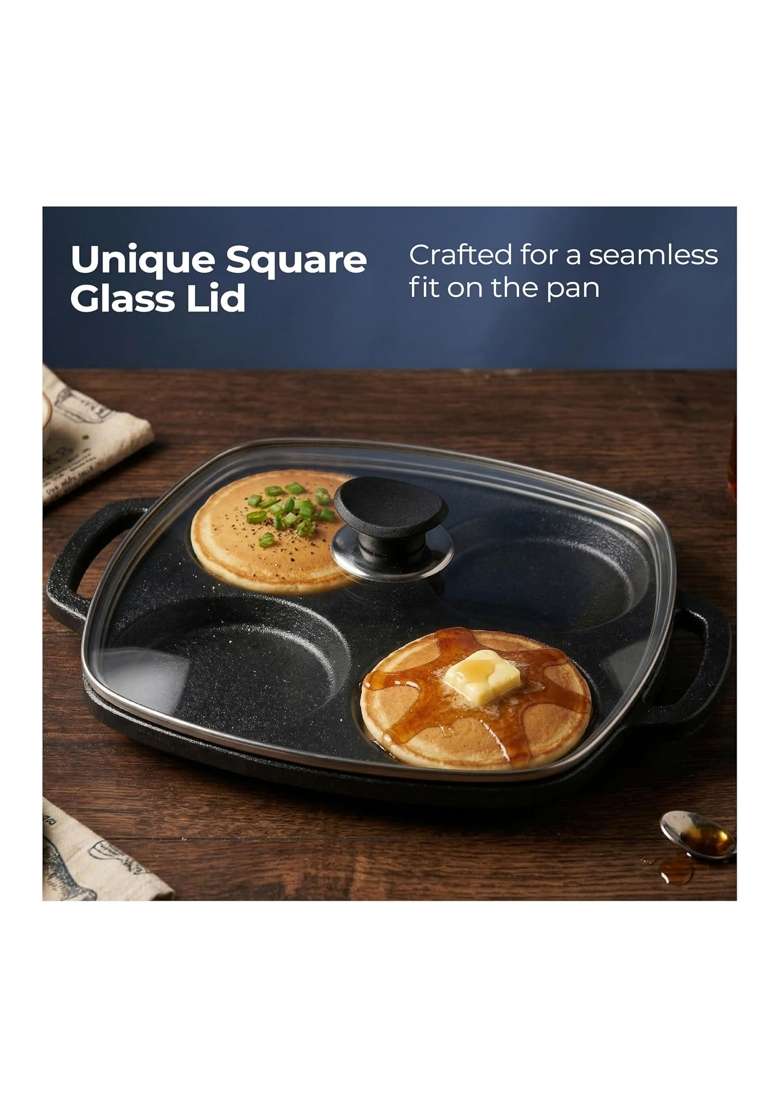 Lifelong Cast Iron Multi Snack Pan with Glass Lid | 3 cm | 1.2 Inch | Non-Toxic | Pre-Seasoned | Non-Stick - Indya