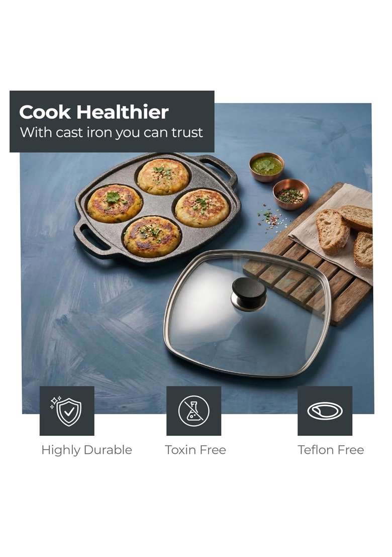 Lifelong Cast Iron Multi Snack Pan with Glass Lid | 3 cm | 1.2 Inch | Non-Toxic | Pre-Seasoned | Non-Stick - Indya