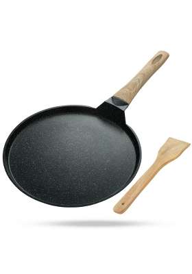 Lifelong Die-cast Flat Roti Tawa Flat Griddle with Wooden Finish Handle and Spatula for Dosa | 28 cm | 11 Inch | Induction Compatible | Non-Toxic