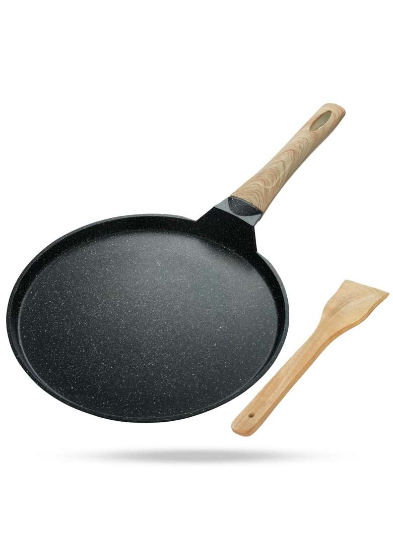Lifelong Die-cast Flat Roti Tawa Flat Griddle with Wooden Finish Handle and Spatula for Dosa | 28 cm | 11 Inch | Induction Compatible | Non-Toxic - Indya