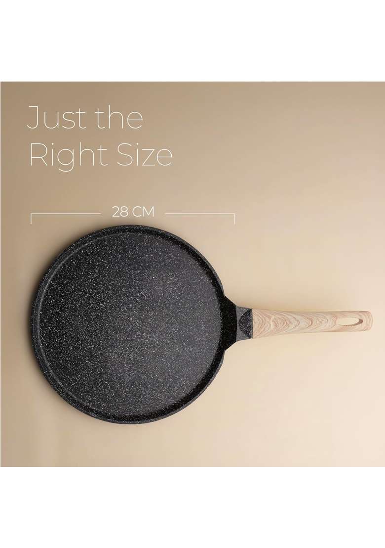 Lifelong Die-cast Flat Roti Tawa Flat Griddle with Wooden Finish Handle and Spatula for Dosa | 28 cm | 11 Inch | Induction Compatible | Non-Toxic - Indya