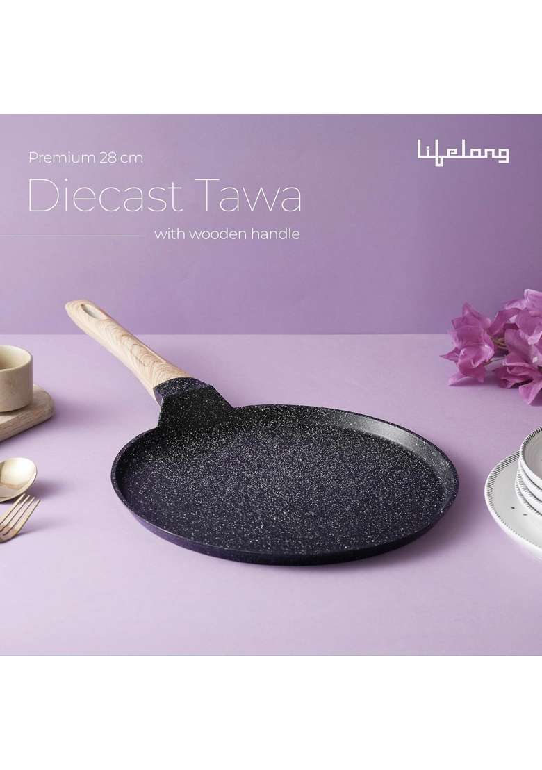 Lifelong Die-cast Flat Roti Tawa Flat Griddle with Wooden Finish Handle and Spatula for Dosa | 28 cm | 11 Inch | Induction Compatible | Non-Toxic - Indya