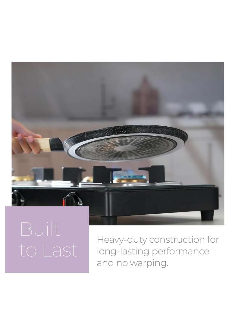 Lifelong Die-cast Flat Roti Tawa Flat Griddle with Wooden Finish Handle and Spatula for Dosa | 28 cm | 11 Inch | Induction Compatible | Non-Toxic - Indya
