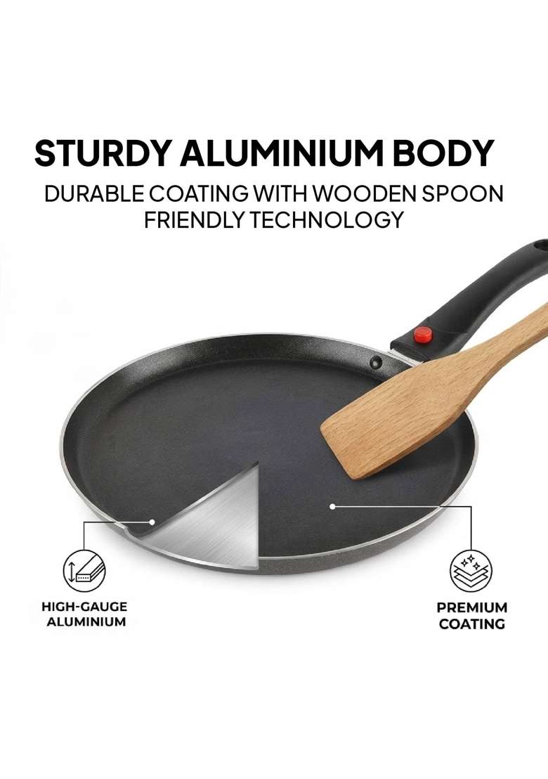 CELLO Aluminium Non-Stick Induction Base Dosa Tawa Dosa Pan with Detachable Bakelite Handle | 28 cm | 11 Inch | Dishwasher Safe | Heavy Bottom - Indya