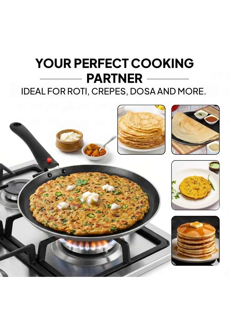 CELLO Aluminium Non-Stick Induction Base Dosa Tawa Dosa Pan with Detachable Bakelite Handle | 28 cm | 11 Inch | Dishwasher Safe | Heavy Bottom - Indya