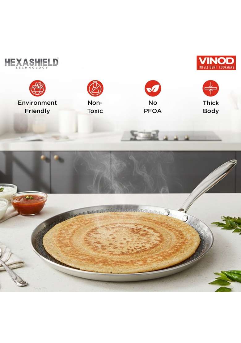 Vinod SAS Pro Platinum Triply Stainless Steel Hybrid Non Stick Dosa Tawa Dosa Pan | 28 cm | 11 Inch | Induction Compatible | PFOA Free - Indya