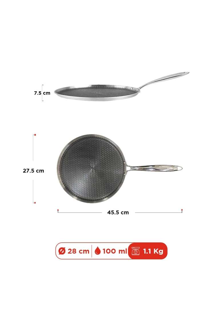 Vinod SAS Pro Platinum Triply Stainless Steel Hybrid Non Stick Dosa Tawa Dosa Pan | 28 cm | 11 Inch | Induction Compatible | PFOA Free - Indya