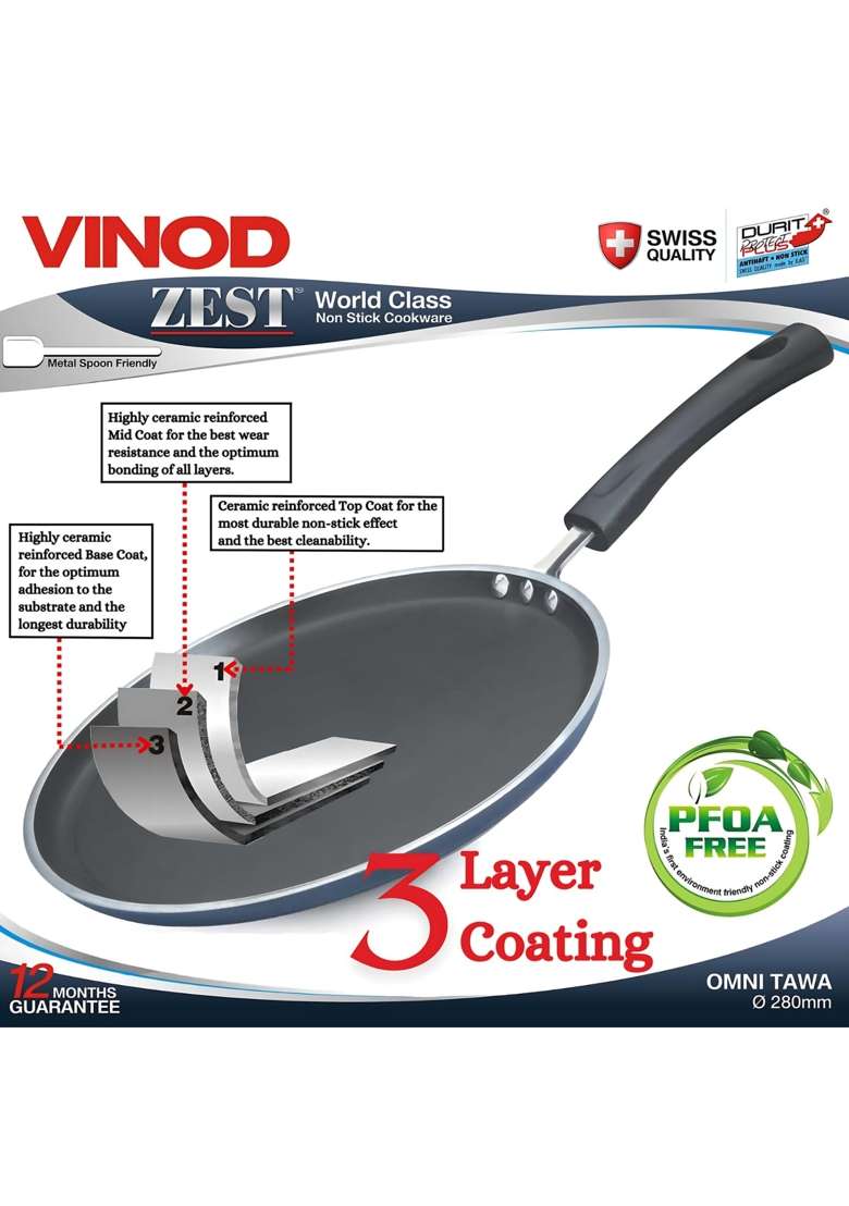Vinod Zest Aluminium Non Stick Dosa Omni Tawa Flat Griddle | 25 cm | 9.8 Inch | Non-Toxic - Indya