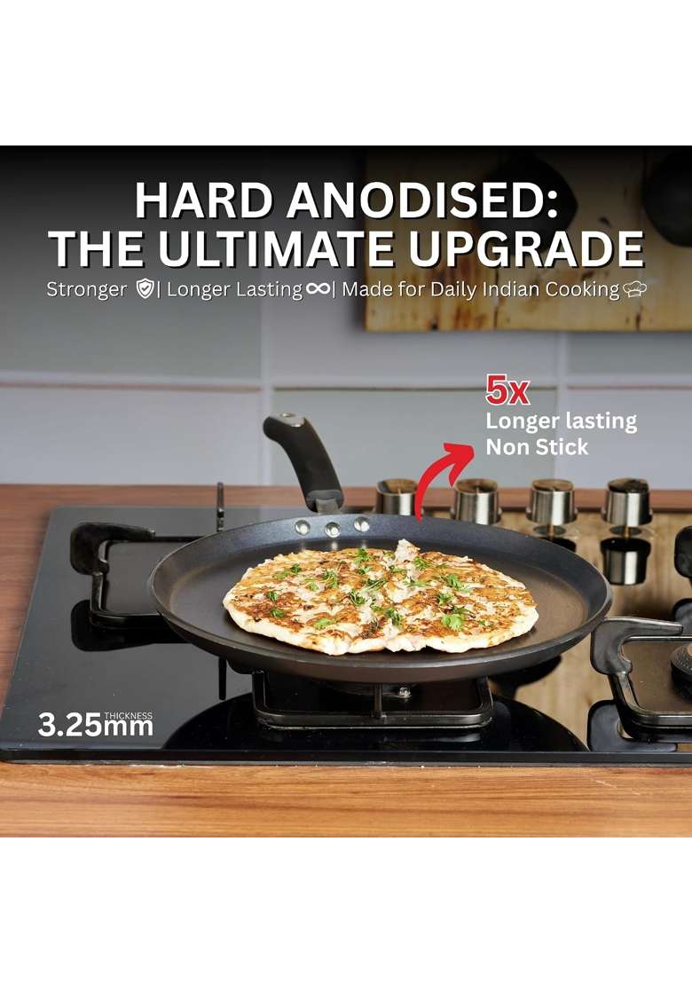 Vinod Hanos Hard Anodised Non Stick Dosa Tawa Dosa Pan | 30 cm | 11.8 Inch | Induction Compatible | PFOA Free - Indya