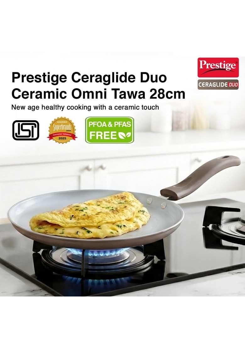 Prestige Ceraglide Duo Omni Tawa Flat Griddle Non-Stick Ceramic Coating | 28 cm | 11 Inch | Induction Compatible - Indya