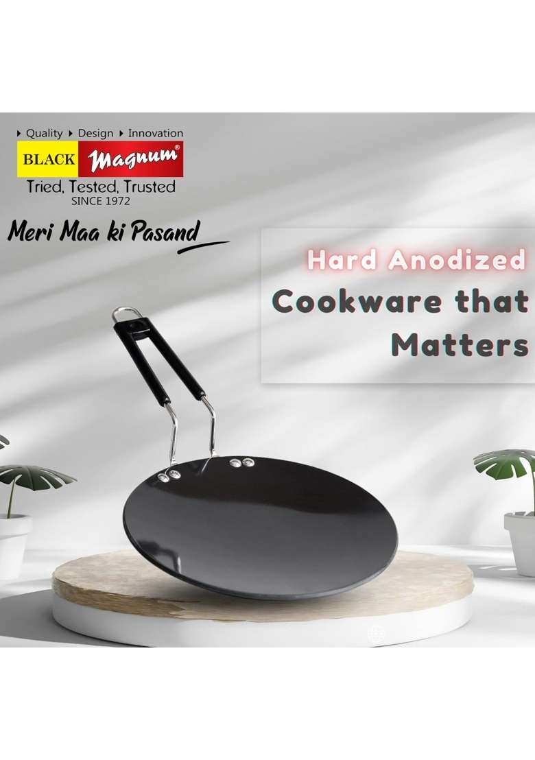 Black Magnum Basics IBTE-5 Hard Anodised Concave Tawa Flat Griddle Diameter | 23 cm | 9.1 Inch | Induction Compatible | Non-Stick - Indya