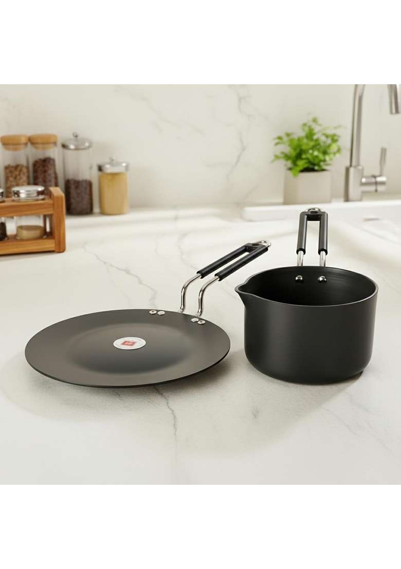 LAZYwindow Hard Anodised Sauce Pan and Roti Tawa Flat Griddle Set | Pack of 2 - Indya