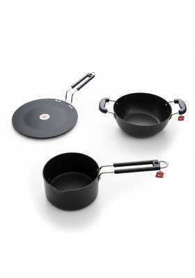 LAZYwindow Hard Anodised Sauce Pan Tawa Kadhai Wok Set | Pack of 3