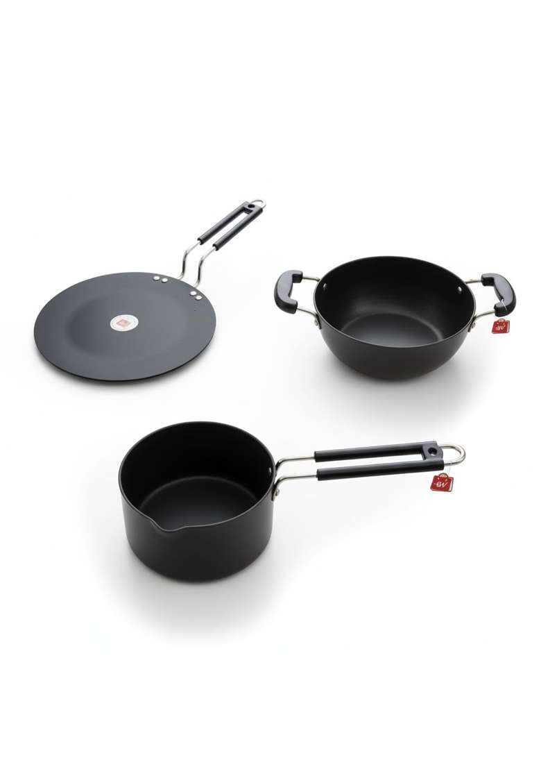 LAZYwindow Hard Anodised Sauce Pan Tawa Kadhai Wok Set | Pack of 3 - Indya