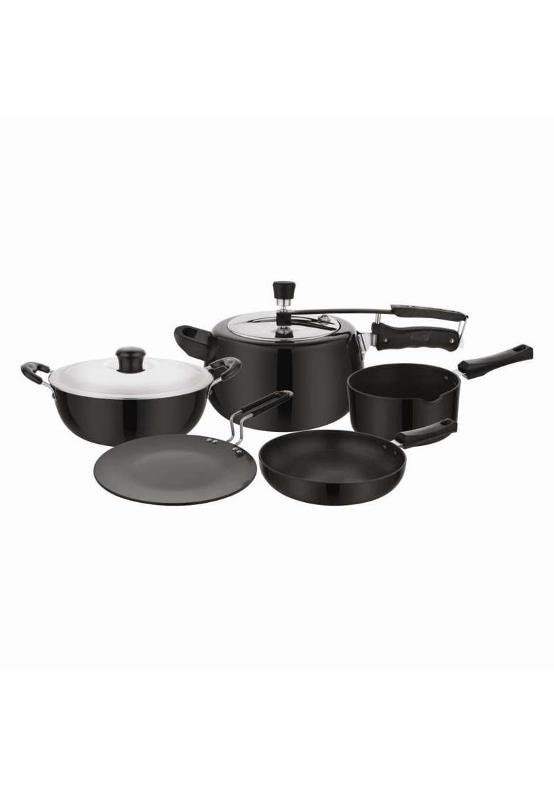 Chakmak Signature Hard Anodised Cookware Pcs | 3 L | 3.2 Qt | 24 cm | 9.4 Inch | 6-Piece Set | PFOA Free | With Lid - Indya