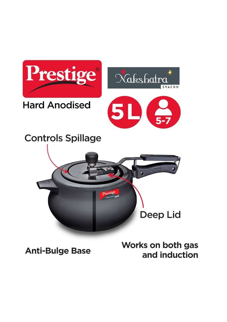 Prestige Svachh Nakshatra Plus Hard Anodised Pressure Handi Cooking Pot and Aluminium Omega Select | 5 L | 5.3 Qt - Indya
