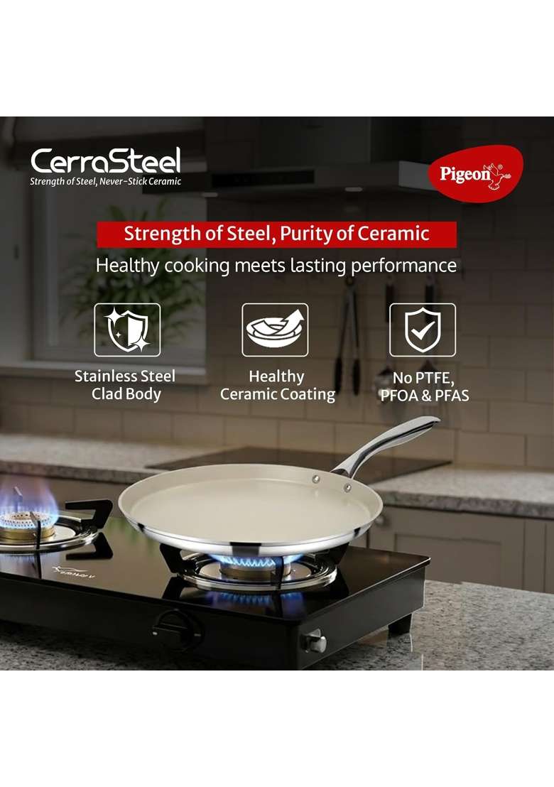 Pigeon Stainless Steel Cerra Steel Clad Ceramic Flat Tawa Flat Griddle - Indya