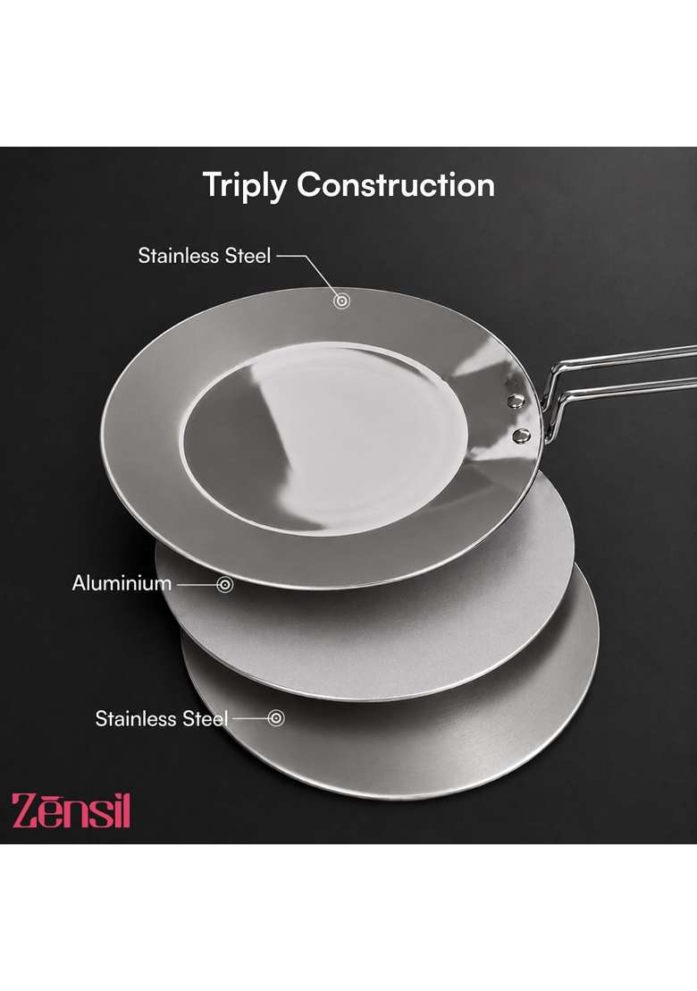 ZENSIL Lumora Triply Stainless Steel Roti Tawa Flat Griddle | 25 cm | 9.8 Inch | Induction Compatible | Heavy Bottom - Indya