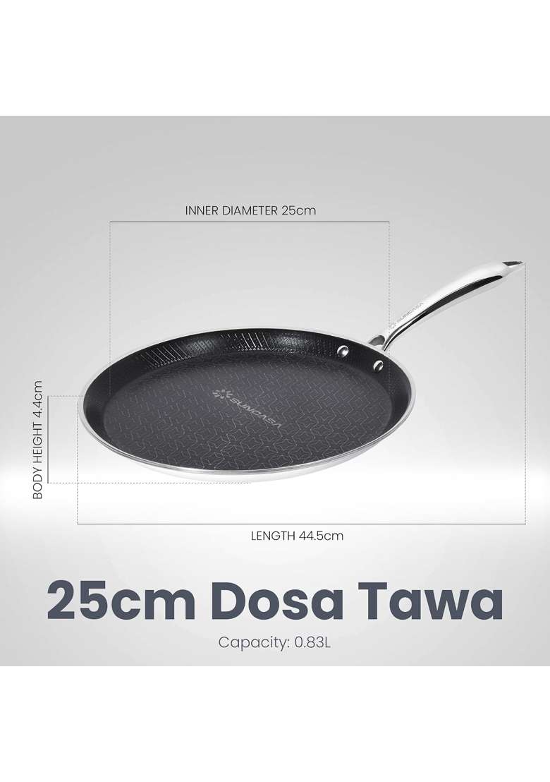 SUNCASA Mitrix Plus 304 Food Grade Triply Stainless Steel Dosa Tawa Dosa Pan with Ceramic Coating | 25 cm | 9.8 Inch | Non-Toxic - Indya