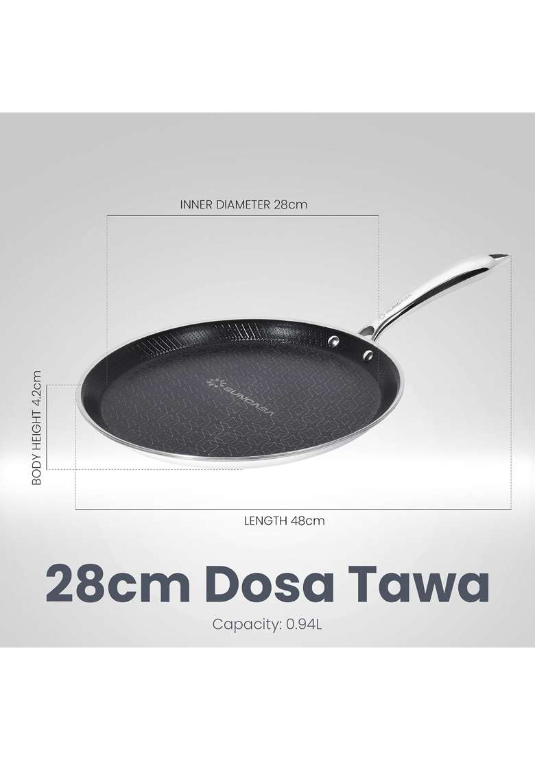 SUNCASA Mitrix Plus 304 Food Grade Triply Stainless Steel Dosa Tawa Dosa Pan with Ceramic Coating | 28 cm | 11 Inch | Non-Toxic - Indya