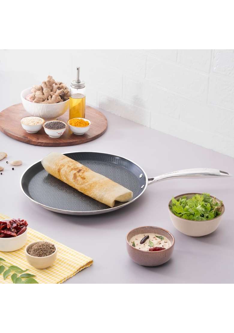 SUNCASA Mitrix Plus 304 Food Grade Triply Stainless Steel Dosa Tawa Dosa Pan with Ceramic Coating | 32 cm | 12.6 Inch | Non-Toxic - Indya