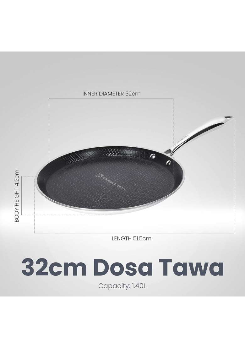 SUNCASA Mitrix Plus 304 Food Grade Triply Stainless Steel Dosa Tawa Dosa Pan with Ceramic Coating | 32 cm | 12.6 Inch | Non-Toxic - Indya