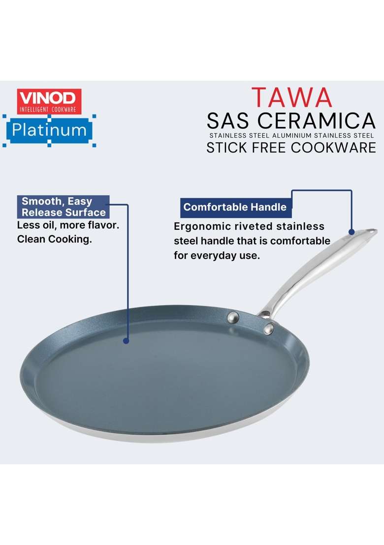 Vinod SAS Ceramic Platinum Triply Stainless Steel Non Stick Dosa Tawa Dosa Pan | 28 cm | 11 Inch | Induction Compatible | Non-Toxic - Indya