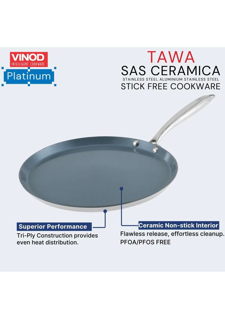 Vinod SAS Ceramic Platinum Triply Stainless Steel Non Stick Dosa Tawa Dosa Pan | 28 cm | 11 Inch | Induction Compatible | Non-Toxic - Indya