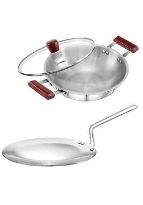 Hawkins Triply Stainless Steel Tawa and Kadhai Wok with Lid | 2.5 L | 2.6 Qt | 26 cm | 10.2 Inch