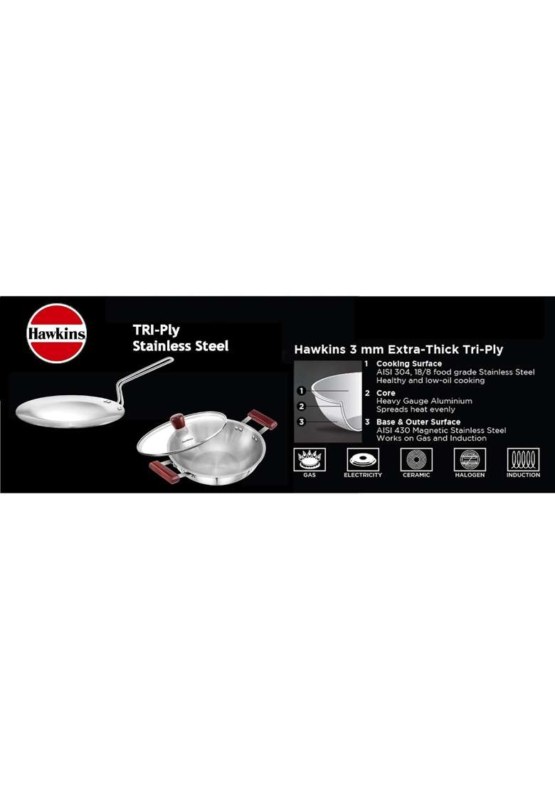 Hawkins Triply Stainless Steel Tawa and Kadhai Wok with Lid | 2.5 L | 2.6 Qt | 26 cm | 10.2 Inch - Indya