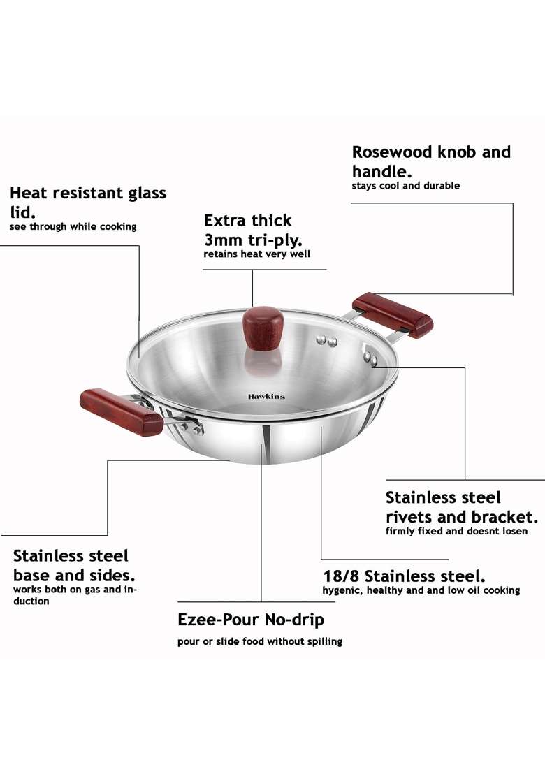 Hawkins Triply Stainless Steel Tawa and Kadhai Wok with Lid | 2.5 L | 2.6 Qt | 26 cm | 10.2 Inch - Indya