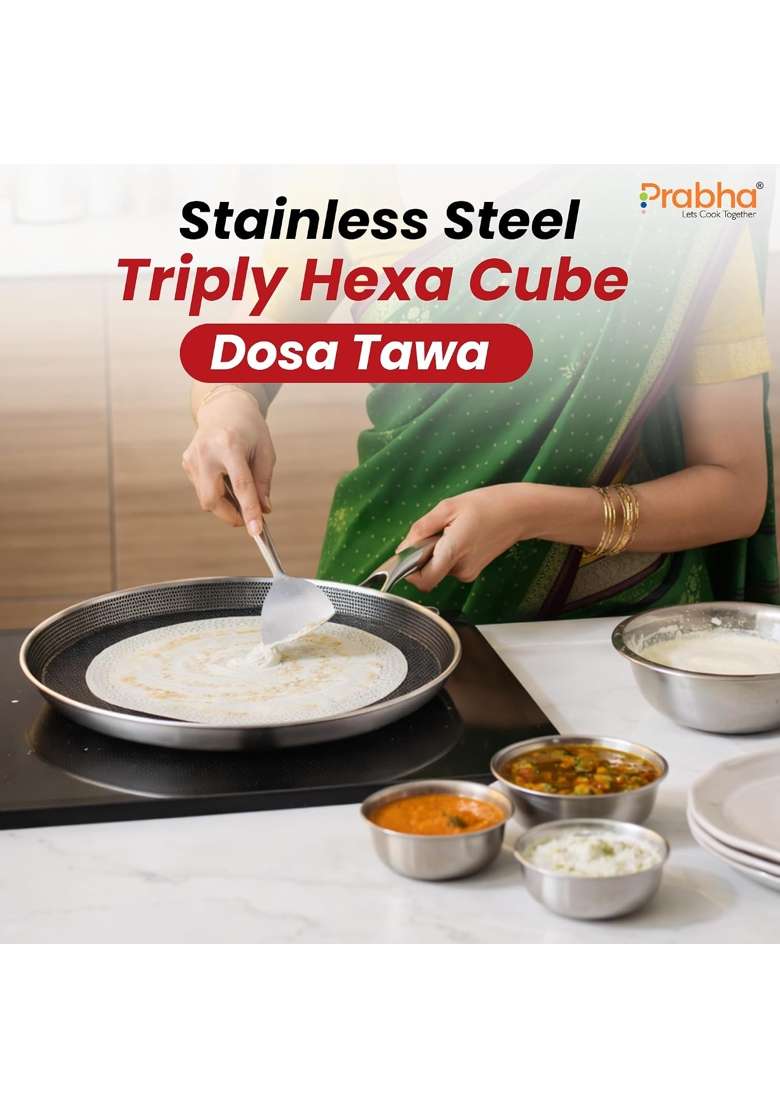 Prabha Stainless Steel Dosa Tawa Dosa Pan | 30 cm | 11.8 Inch | Induction Compatible | Non-Stick | Tri-Ply | Food Safe - Indya