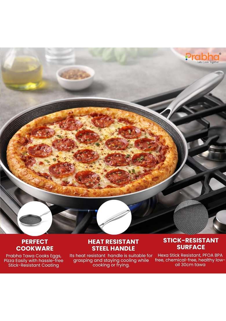 Prabha Stainless Steel Dosa Tawa Dosa Pan | 30 cm | 11.8 Inch | Induction Compatible | Non-Stick | Tri-Ply | Food Safe - Indya