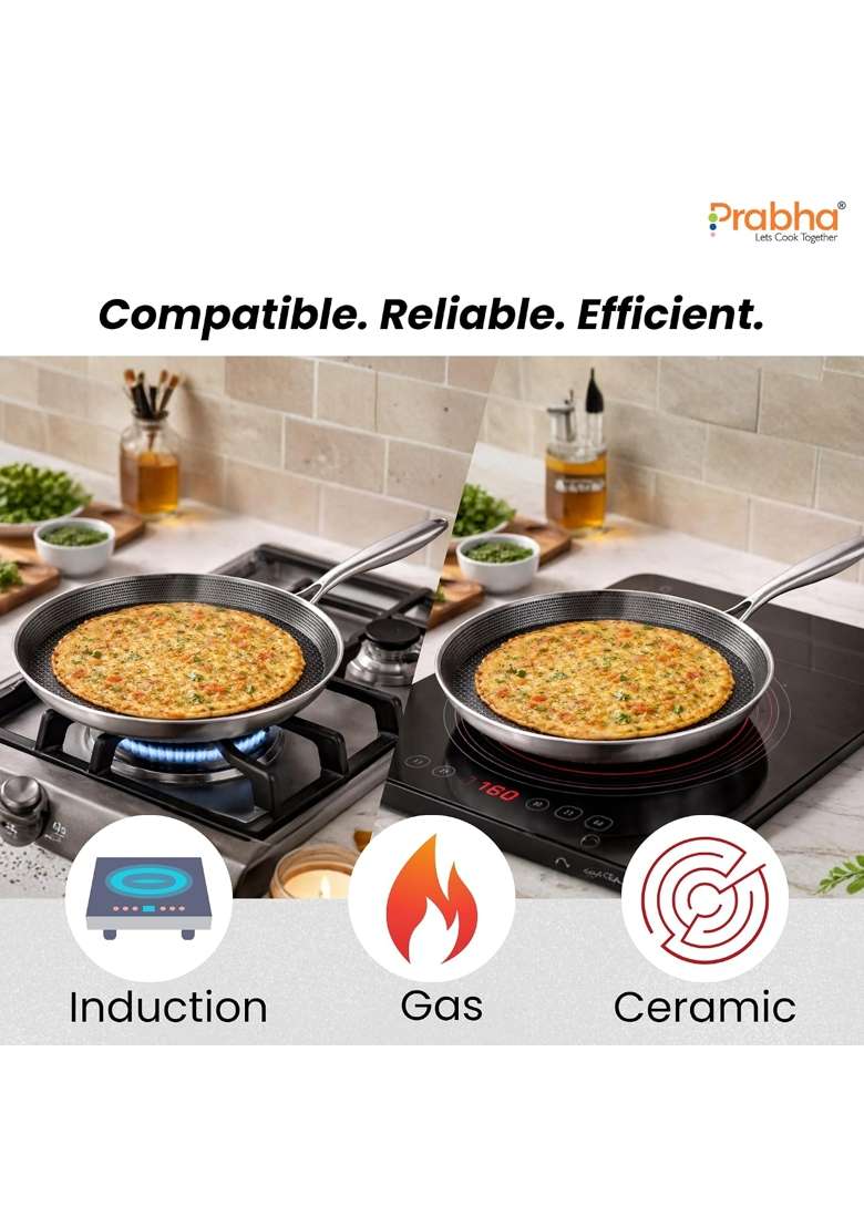 Prabha Stainless Steel Dosa Tawa Dosa Pan | 30 cm | 11.8 Inch | Induction Compatible | Non-Stick | Tri-Ply | Food Safe - Indya