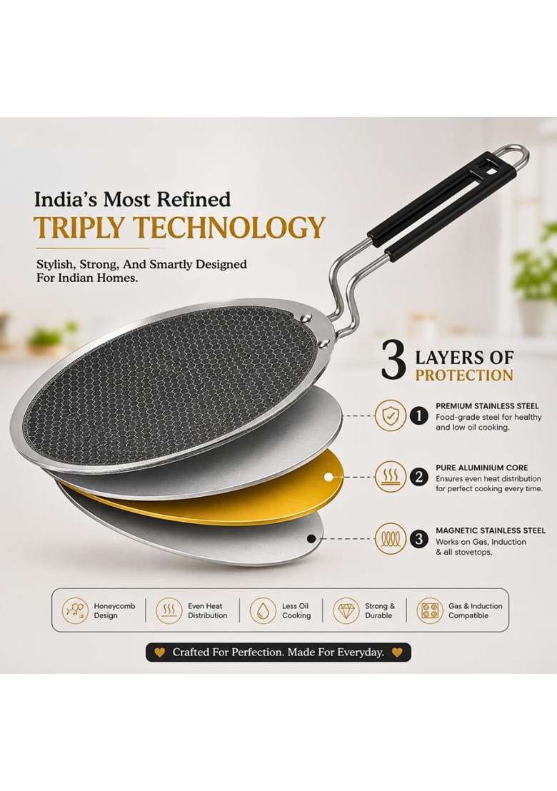 Omichef Triply Honey Comb Roti Tawa Flat Griddle Chapati Tawa with Stick Resistant Coating | Induction Compatible | Heavy Bottom - Indya