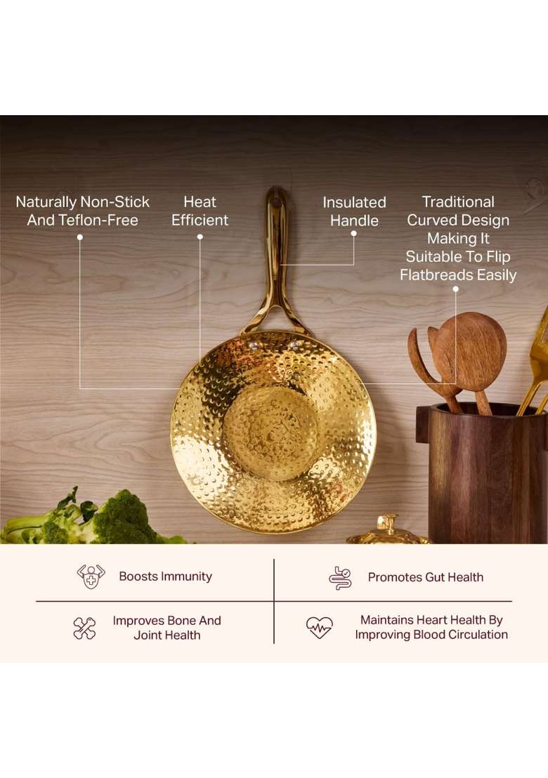 P-TAL P TAL Brass Roti Tawa Flat Griddle 10 | 25.4 cm | 10 Inch | Non-Toxic | Insulated - Indya