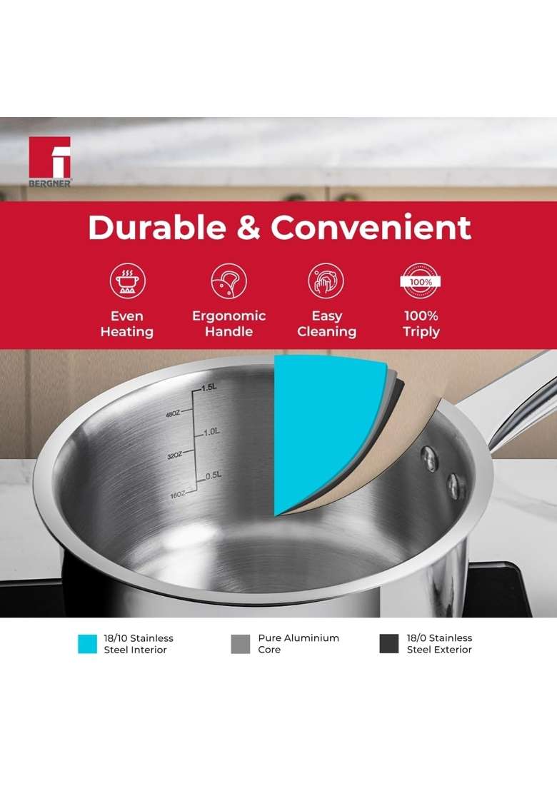 BERGNER TriPro Triply Stainless Steel | 1.2 L | 1.3 Qt | 14 cm | 5.5 Inch | Induction Compatible | Heavy Bottom - Indya