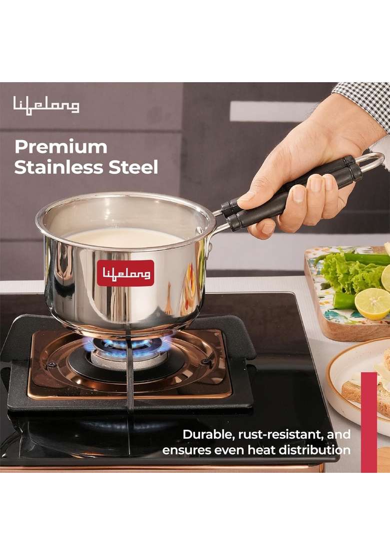 Lifelong Stainless Steel Heavy Bottom Saucepan | 1.5 L | 1.6 Qt | 17 cm | 6.7 Inch | Induction Compatible - Indya