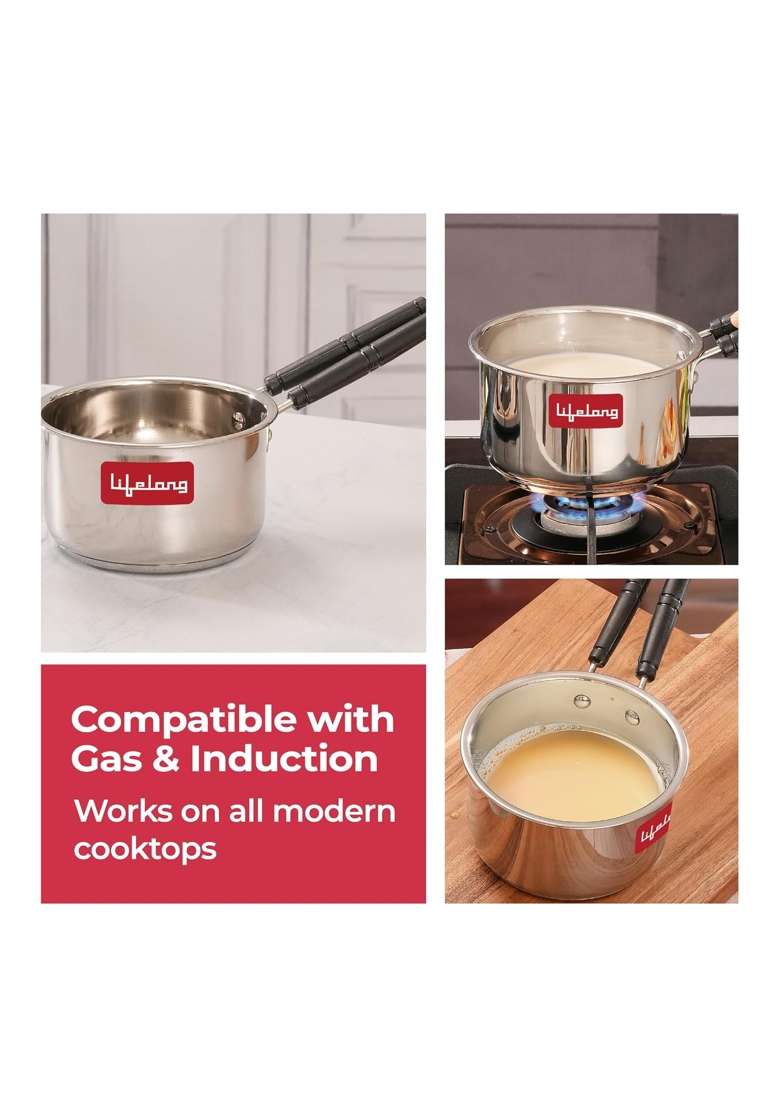 Lifelong Stainless Steel Heavy Bottom Saucepan | 1.5 L | 1.6 Qt | 17 cm | 6.7 Inch | Induction Compatible - Indya
