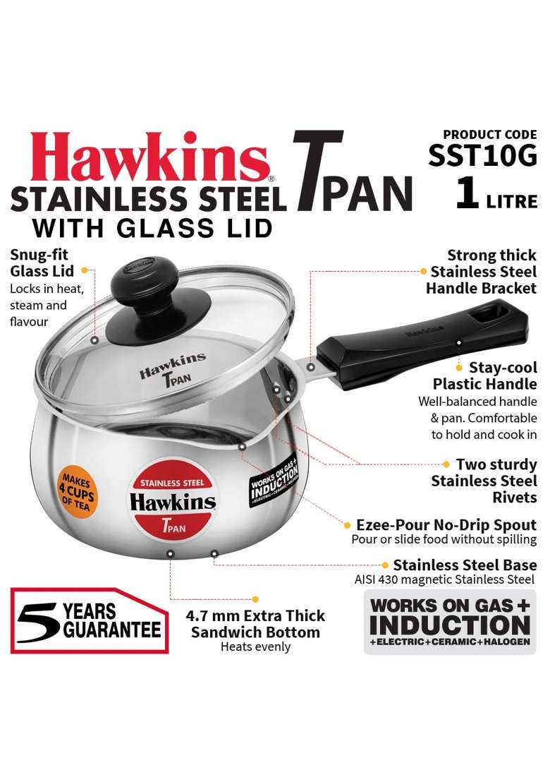 Hawkins Tpan Stainless Steel Tea Pan with Glass Lid | 1 L | 1.1 Qt | Induction Compatible - Indya