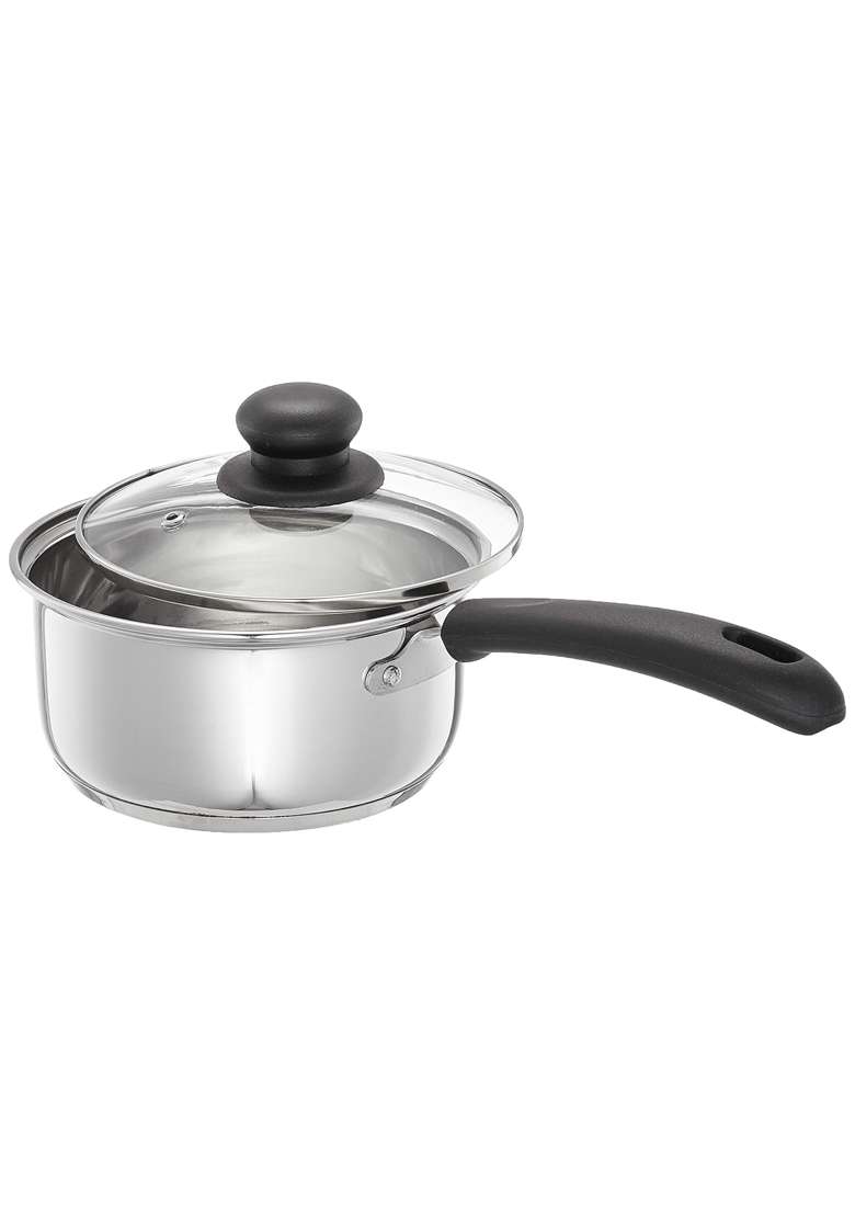 Solimo Amazon Brand Solimo Stainless Steel Saucepan with Glass Lid | 1500 ml | 50.7 fl oz | 16 cm | 6.3 Inch | Induction Compatible - Indya