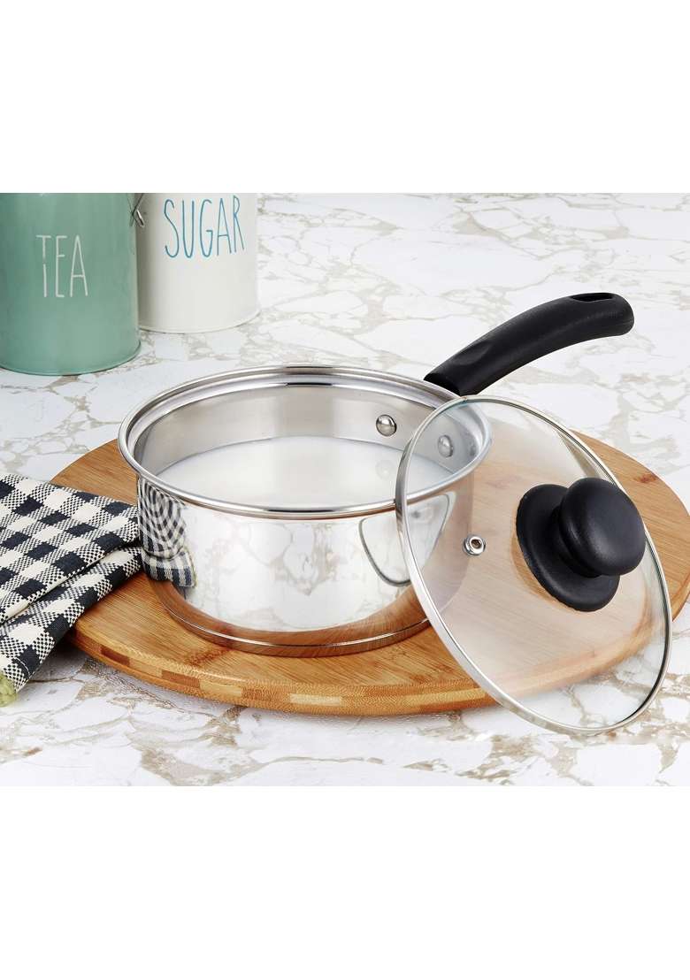 Solimo Amazon Brand Solimo Stainless Steel Saucepan with Glass Lid | 1500 ml | 50.7 fl oz | 16 cm | 6.3 Inch | Induction Compatible - Indya