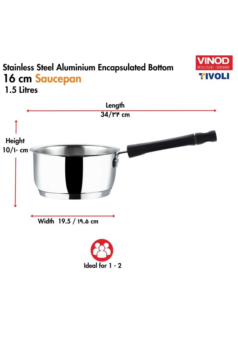 Vinod Tivoli Stainless Steel Saucepan | 1.5 L | 1.6 Qt | 16 cm | 6.3 Inch | Induction Compatible - Indya