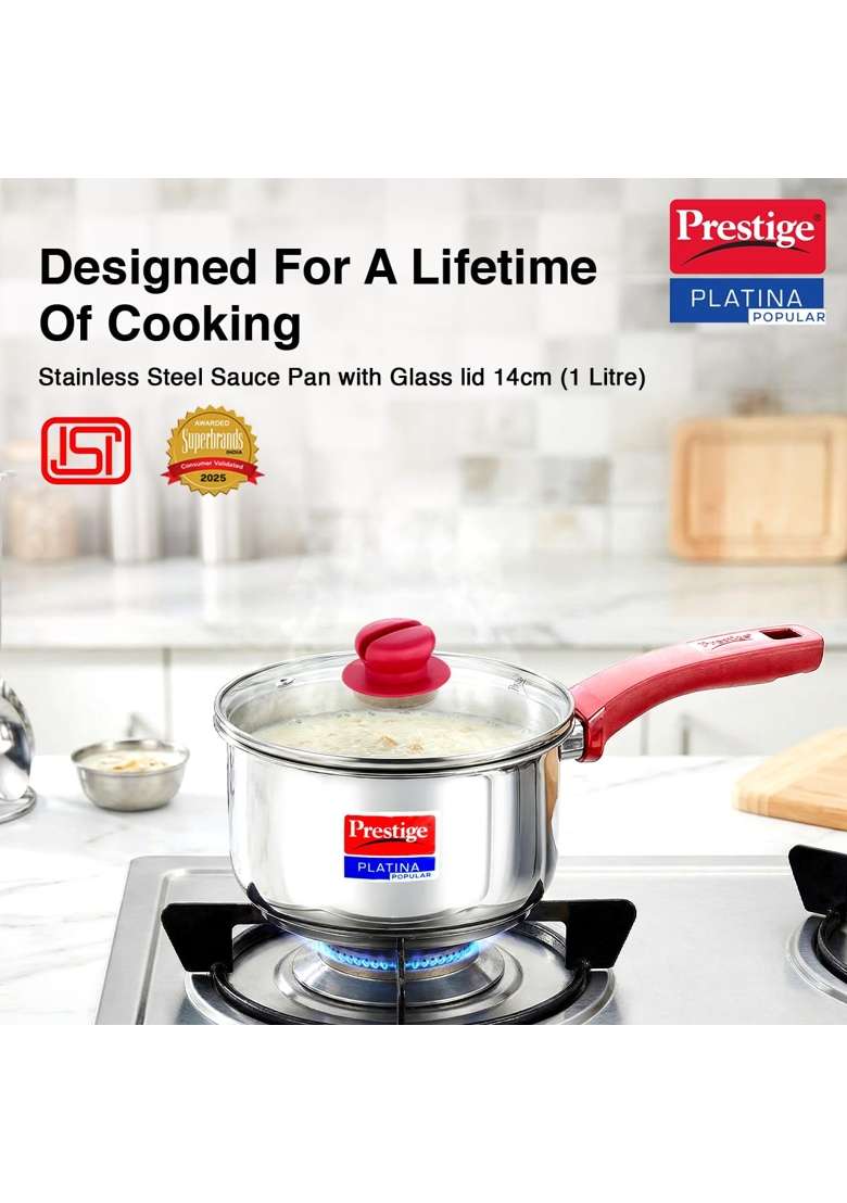 Prestige Platina Popular Stainless Steel Gas and Induction Compatible Sauce Pan | With Lid - Indya