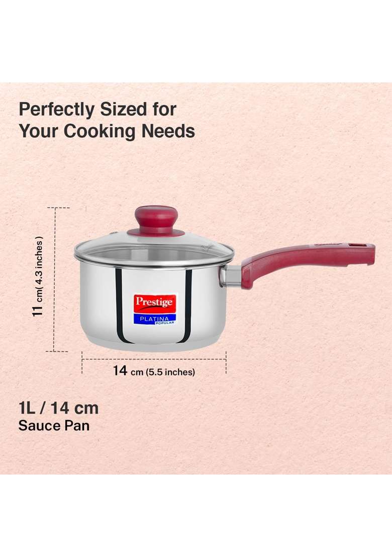 Prestige Platina Popular Stainless Steel Gas and Induction Compatible Sauce Pan | With Lid - Indya