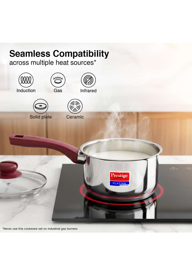 Prestige Platina Popular Stainless Steel Gas and Induction Compatible Sauce Pan | With Lid - Indya